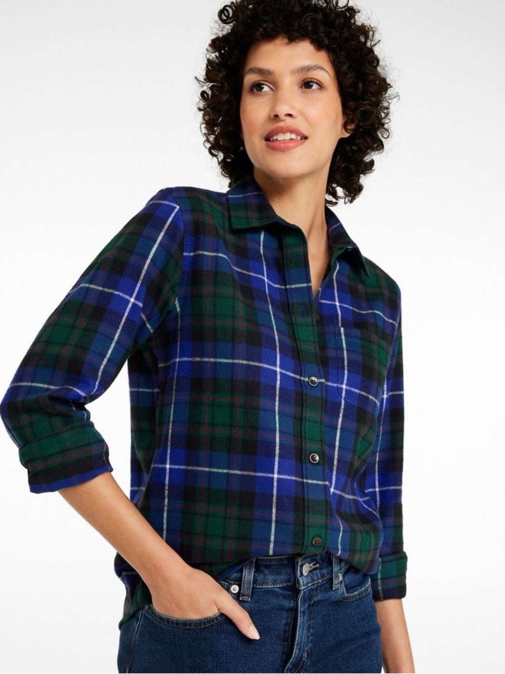L.L. Bean Scotch Green and Blue Plaid Button-Down Shirt 100% Cotton